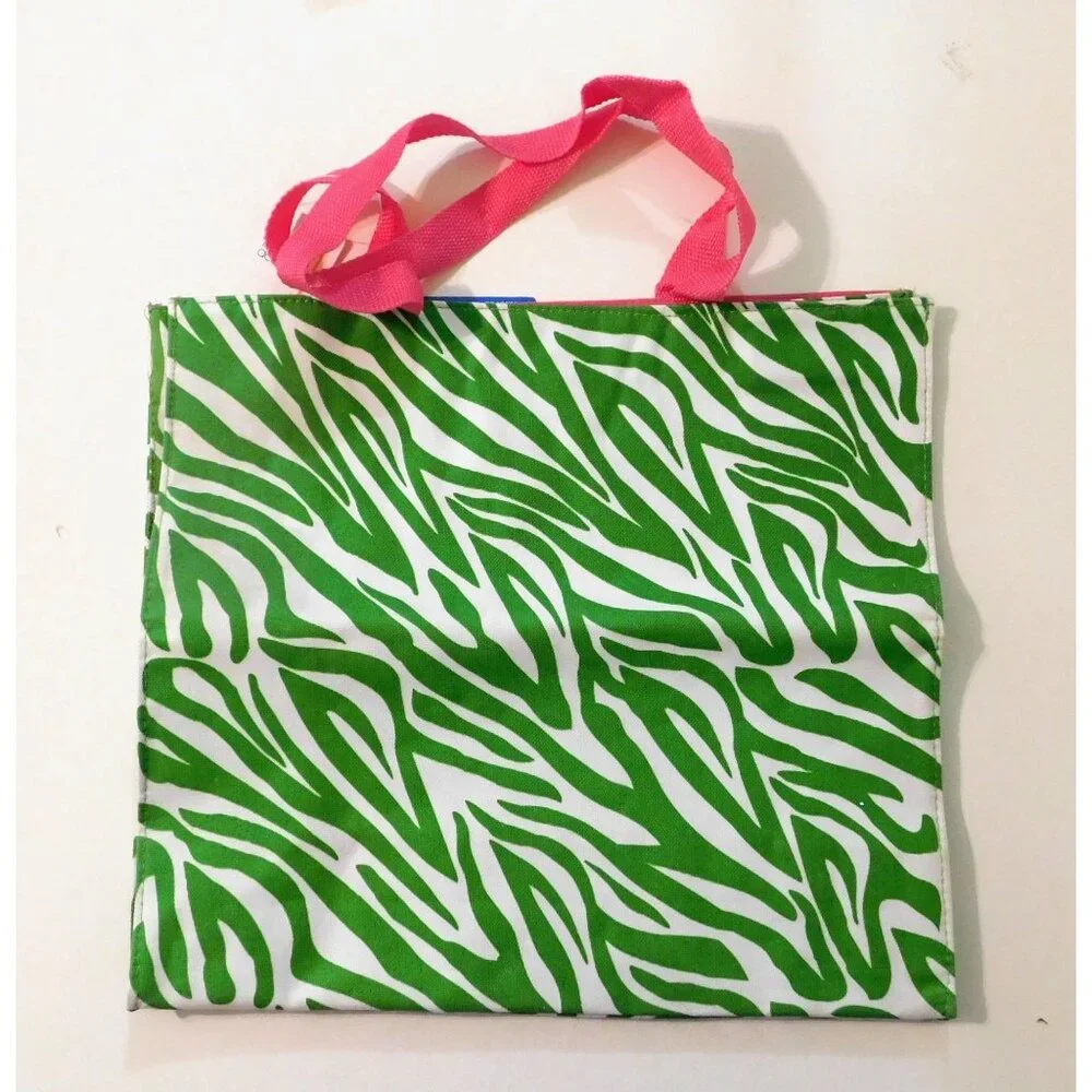 Zebra Print Tote Travel Cosmetic Case Wristlet Set Monogram T Green Pink Canvas - Picture 10 of 11